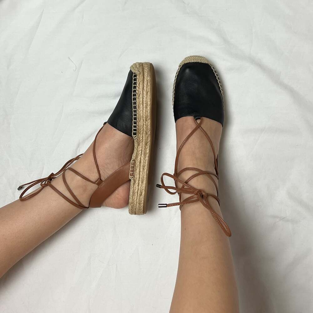 coach rita leather lace up wrap around espadrilles sandals black tan